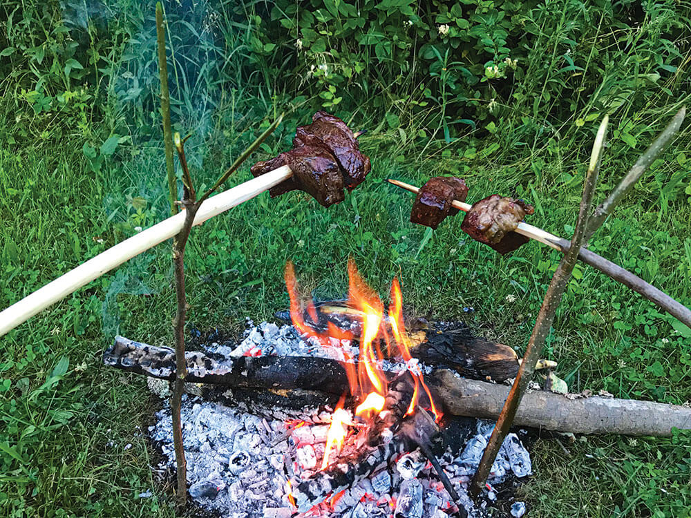 cooking some tasty protein over an open fire