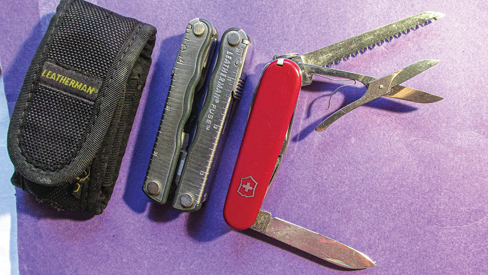 Leatherman tool and a Swiss Army knife.