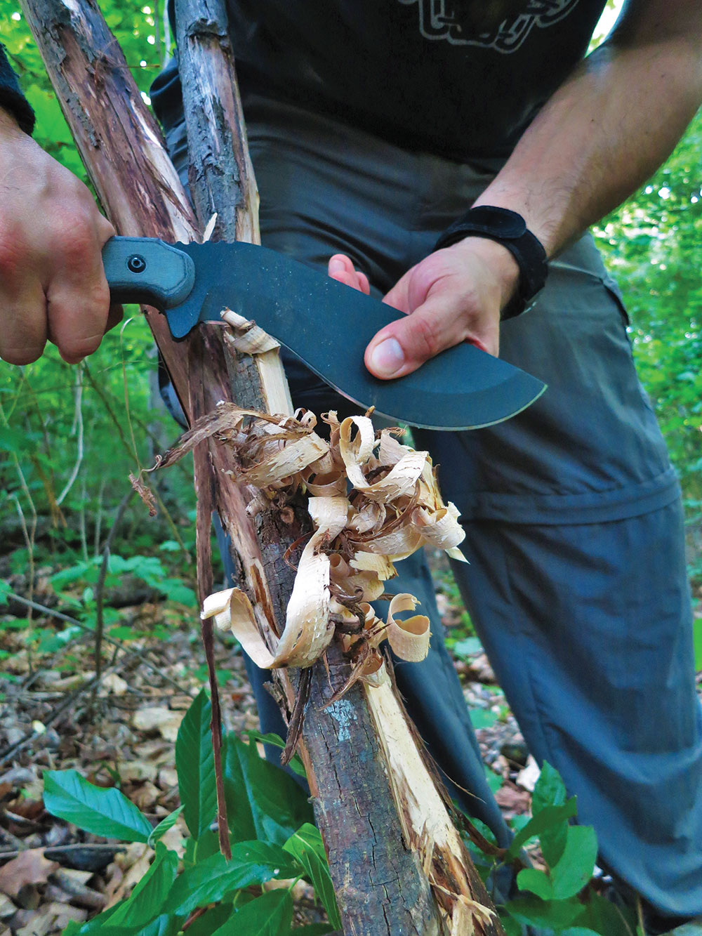 The author is shaving tinder from a section of poplar wood for a fire.