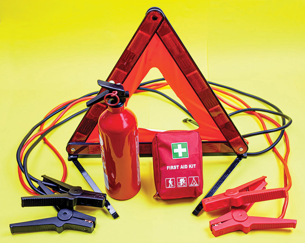 you can keep things such as jumper cables, hazard markers, fire extinguishers and a well-stocked first aid kit in your vehicle. 