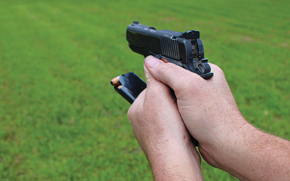 After reloading, hold the dropped magazine and scan the area before putting it away.