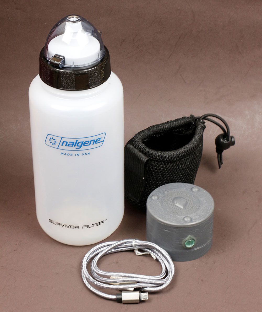 new Survivor Filter Active All Terrain Bottle with filter element and the rechargeable Roving Blue GO3 water purifier