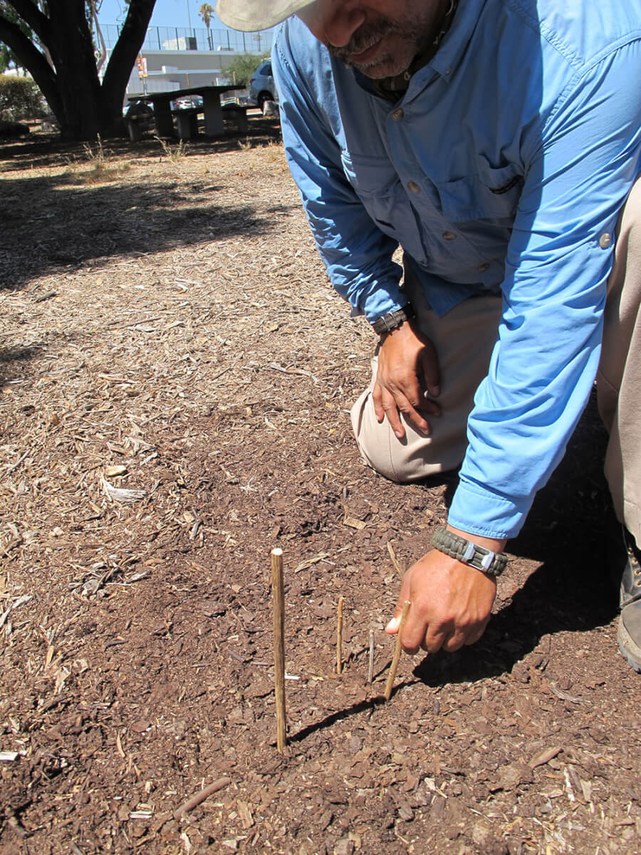 After more time has elapsed, and the shadow has continued to move, a third peg is inserted into the ground to mark the tip of the shadow.