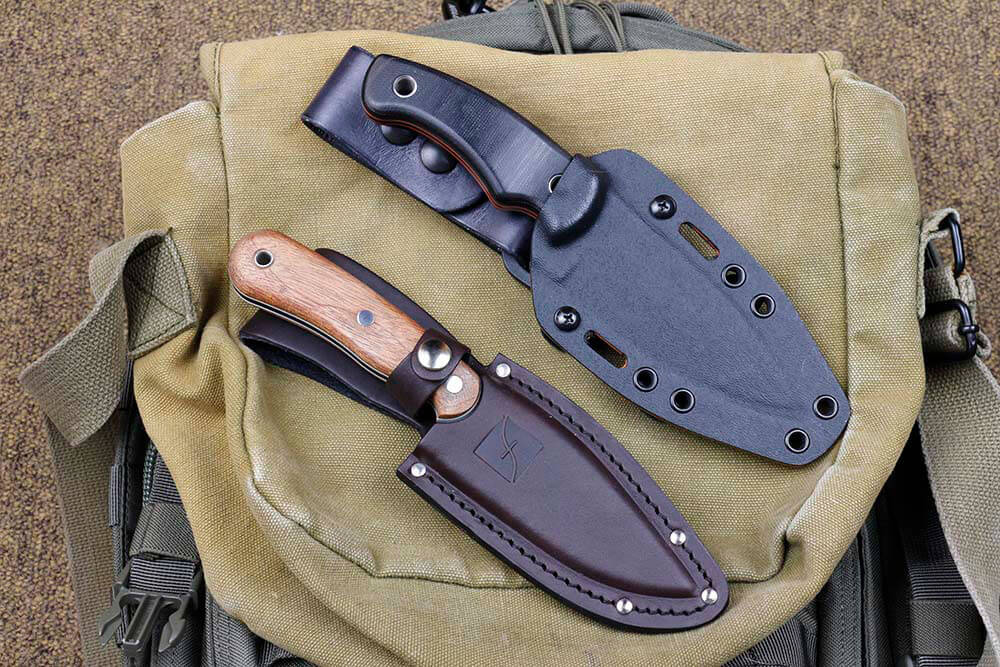 The Seeker comes with a leather sheath, while the Nomad comes with a Boltaron synthetic sheath with leather dangler.