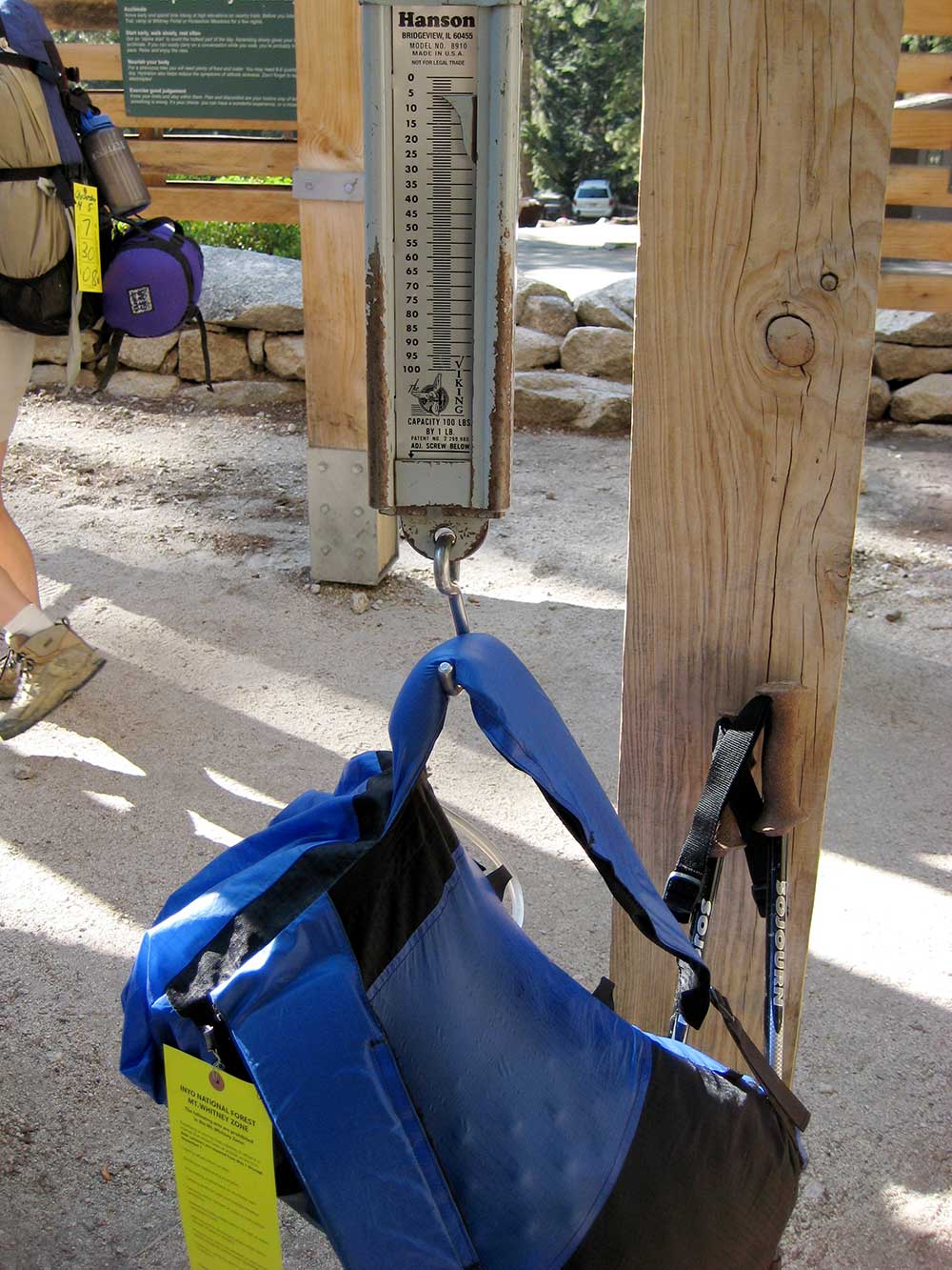 The weigh-in before starting the 14,505-foot summit of Mt. Whitney in California. The author carried 7 pounds total in his Gossamer Gear pack with food and some water, as there was water along the way.