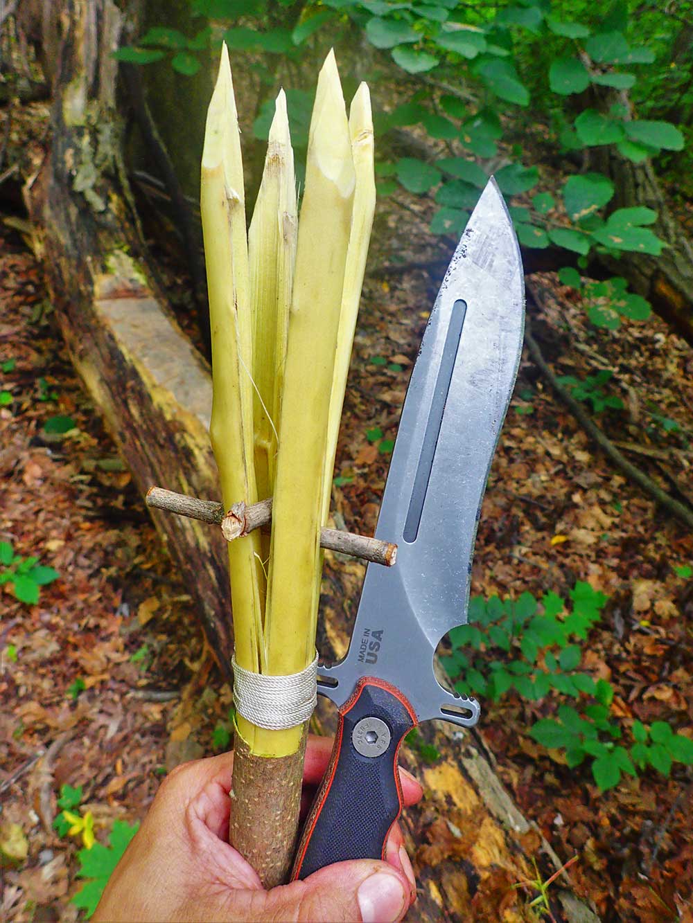 A completed survival frog gigging spear made with the TOPS Operator 7